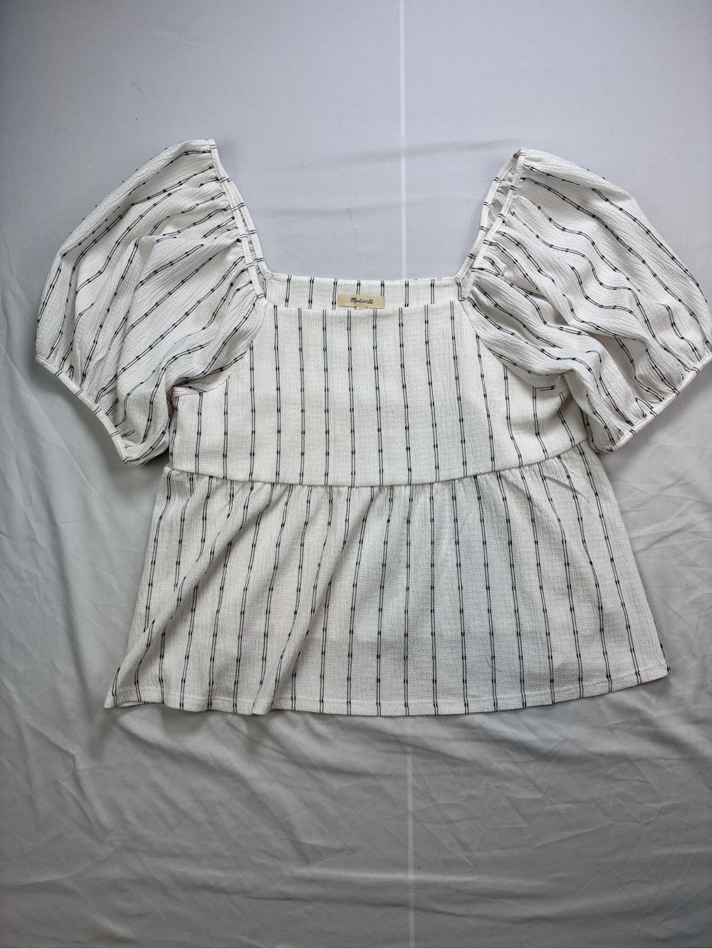 Madewell White Square-Neck Puff Sleeve Striped Top